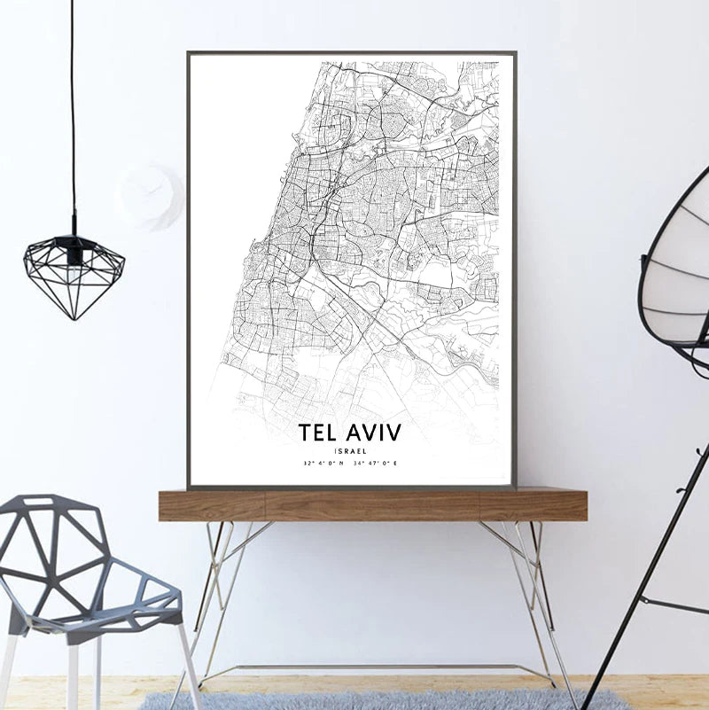 Tel Aviv Map Print Israel City Street Road Map Poster Black White Minimalist Wall Pictures Nordic Style Canvas Painting Decor