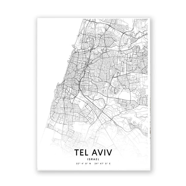 Tel Aviv Map Print Israel City Street Road Map Poster Black White Minimalist Wall Pictures Nordic Style Canvas Painting Decor