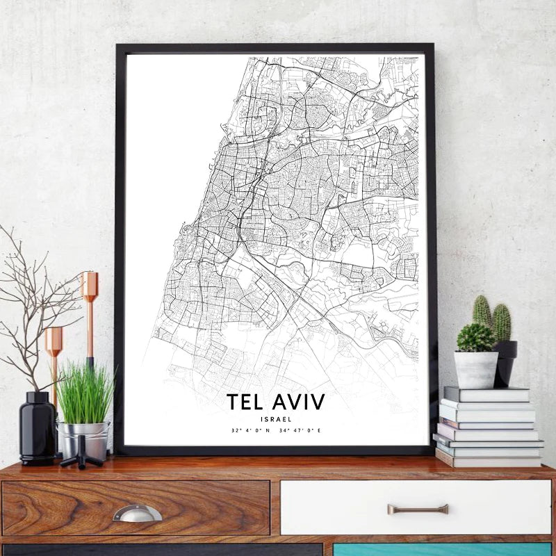 Tel Aviv Map Print Israel City Street Road Map Poster Black White Minimalist Wall Pictures Nordic Style Canvas Painting Decor