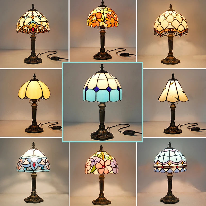 Tiffany Stained Glass Table Lamps Retro Mediterranean Bedside Table Lamp Light With Plug in Baroque Bedroom Table Lights