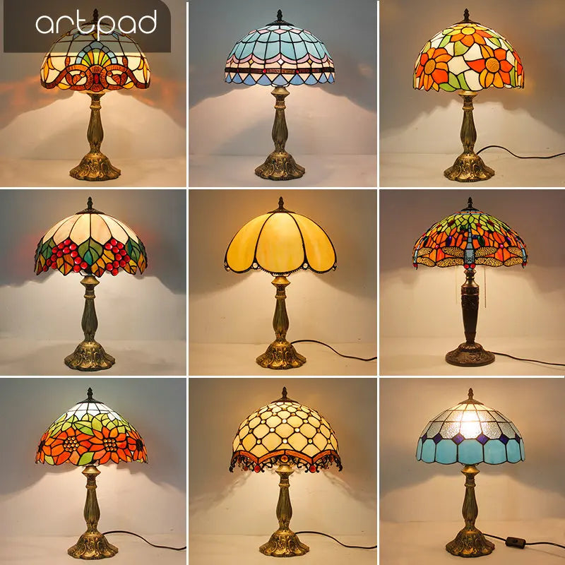 Tiffany Stained Glass Table Lamps Retro Mediterranean Bedside Table Lamp Light With Plug in Baroque Bedroom Table Lights