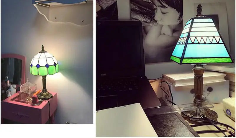 Tiffany Stained Glass Table Lamps Retro Mediterranean Bedside Table Lamp Light With Plug in Baroque Bedroom Table Lights