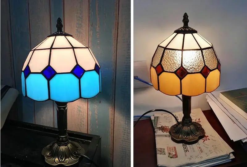 Tiffany Stained Glass Table Lamps Retro Mediterranean Bedside Table Lamp Light With Plug in Baroque Bedroom Table Lights