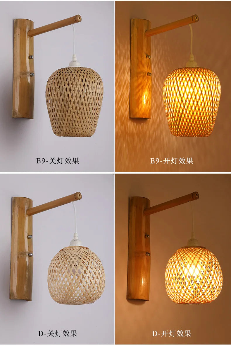 Classic Bamboo Wood Lustre Wall Sconce Lamp Rustic Ceiling Rattan Wicker Light Handmade Art Craft for Home Living Bed Room Decor