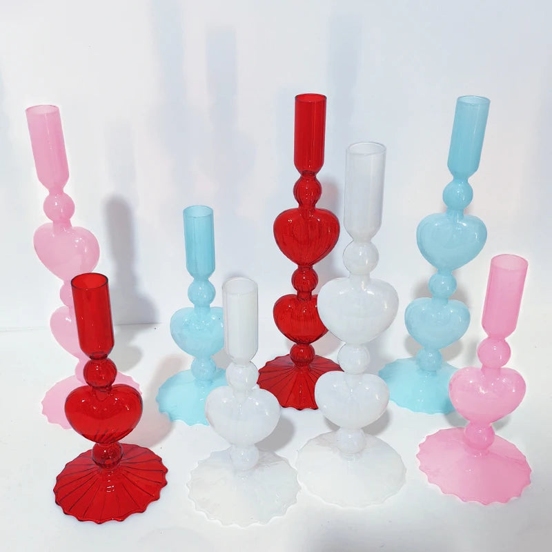 Valentine's Day Glass Vase Candlesticks Decoration Taper Candle Holders Red Heart Shape Candlesticks Home Decor Wedding Party