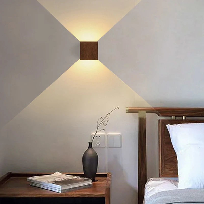 Nordic Wood Wall Lamp LED Original Wooden Walnut Square Room Decor Wall Sconce Bedroom Living Rooms Study Staircase Light Lustre