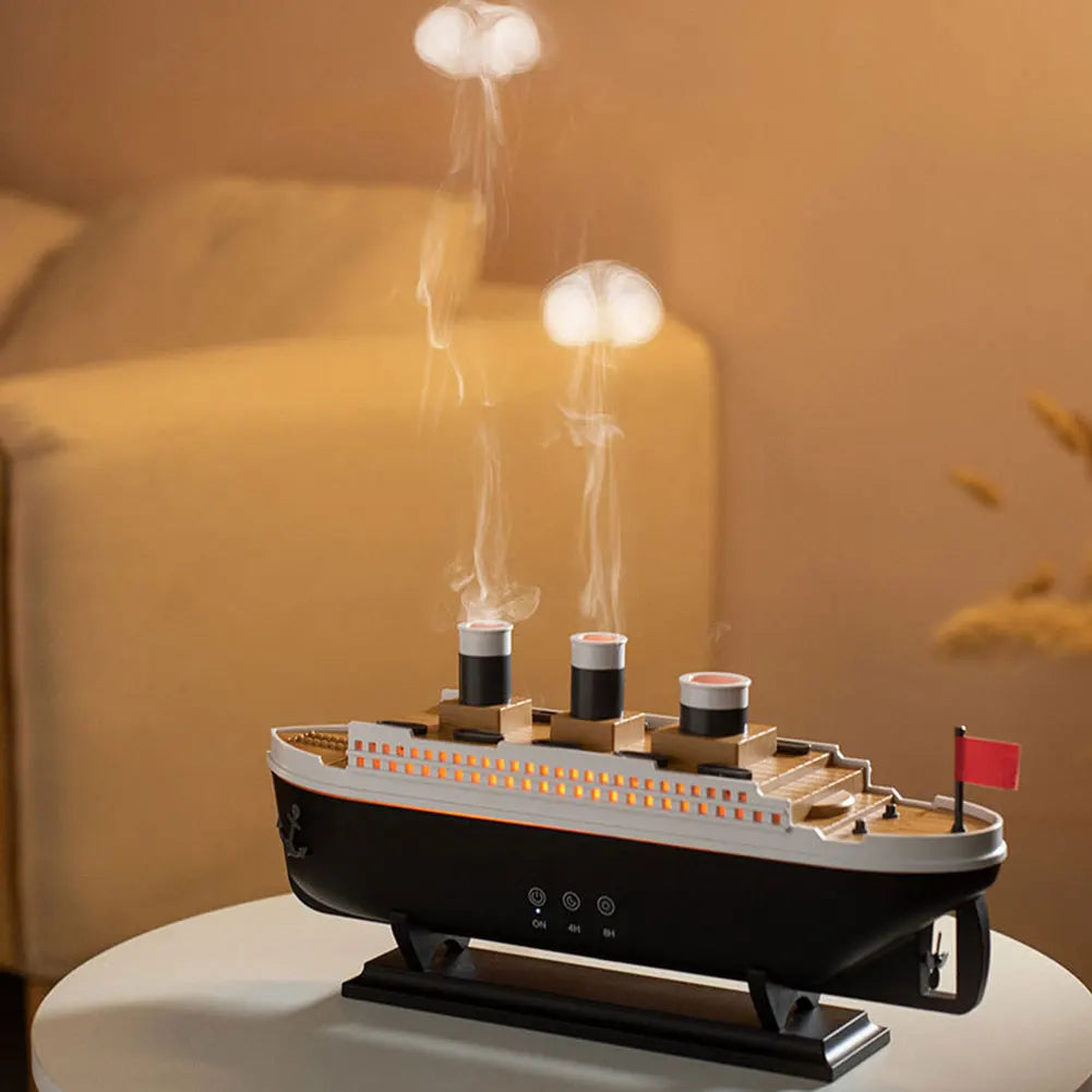 Creative Ocean Liner Air Humidifier Waterless Auto-Off Aroma Essential Oil Diffuser with LED Light Remote Control for Home