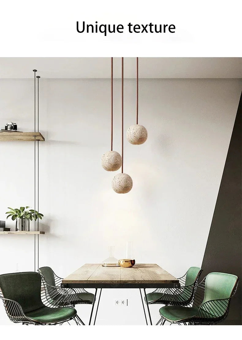 Pendant Lamp Stone Yellow Travertine Chandelier Bedside Small Round Light  Bedroom Creative Hanging Line Lighting