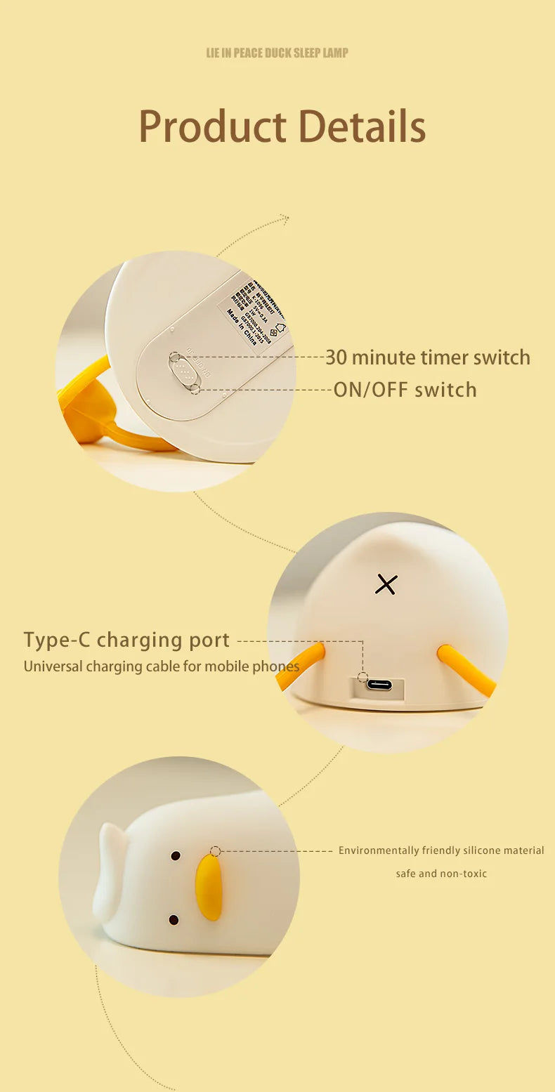 Duck Rechargeable LED Night Light Pat Silicone Lamp Bedside Cartoon Cute Children Nightlights for Home Room Decor Birthday Gift