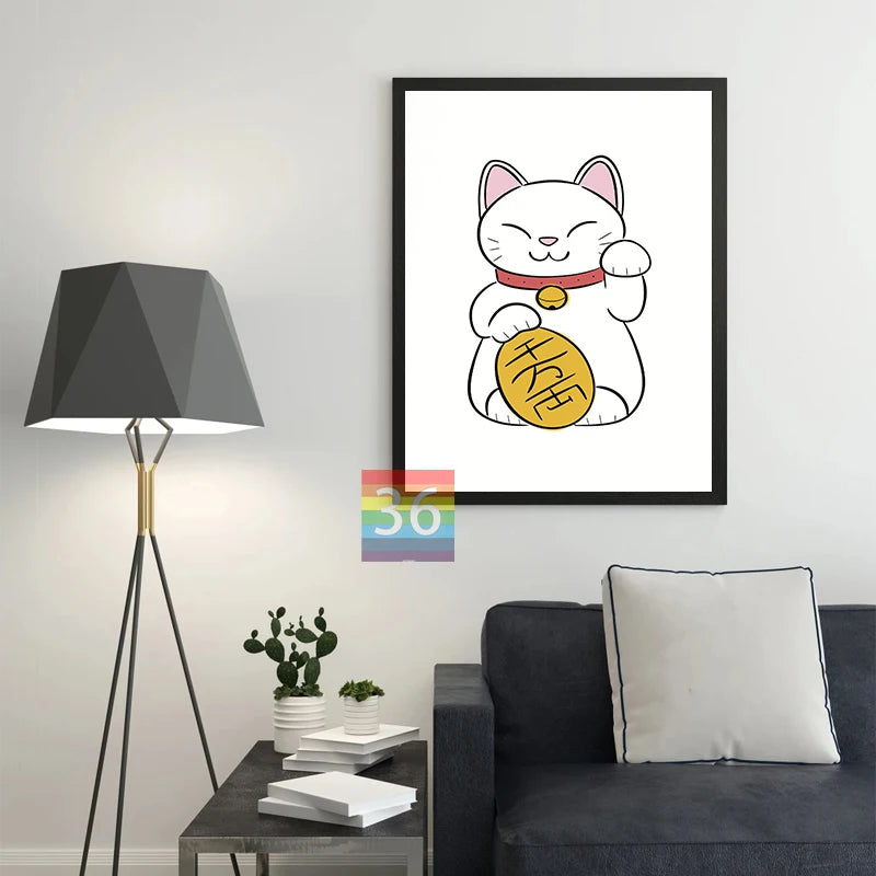Japanese Retro Poster Lucky Cat Poster Canvas Prints Cat Lovers Gift Japanese Aesthetic Modern Japanese Wall Art Green Cat Art