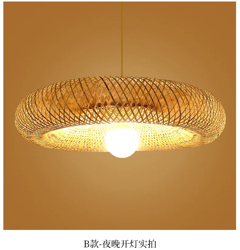 Bamboo Hand Weaving Pendant Light 38cm Hanging LED Ceiling Lamp Chandelier Fixture Rattan Hand Craft Woven Home Bedroom Decor
