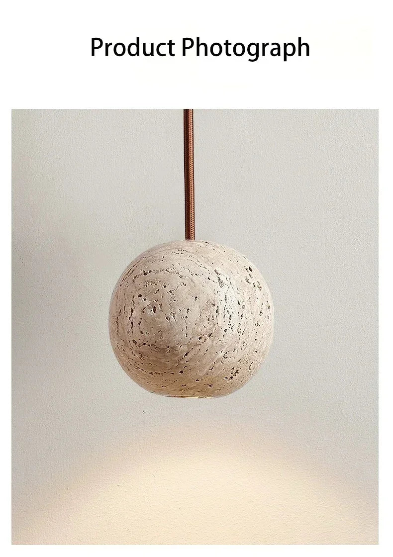 Pendant Lamp Stone Yellow Travertine Chandelier Bedside Small Round Light  Bedroom Creative Hanging Line Lighting