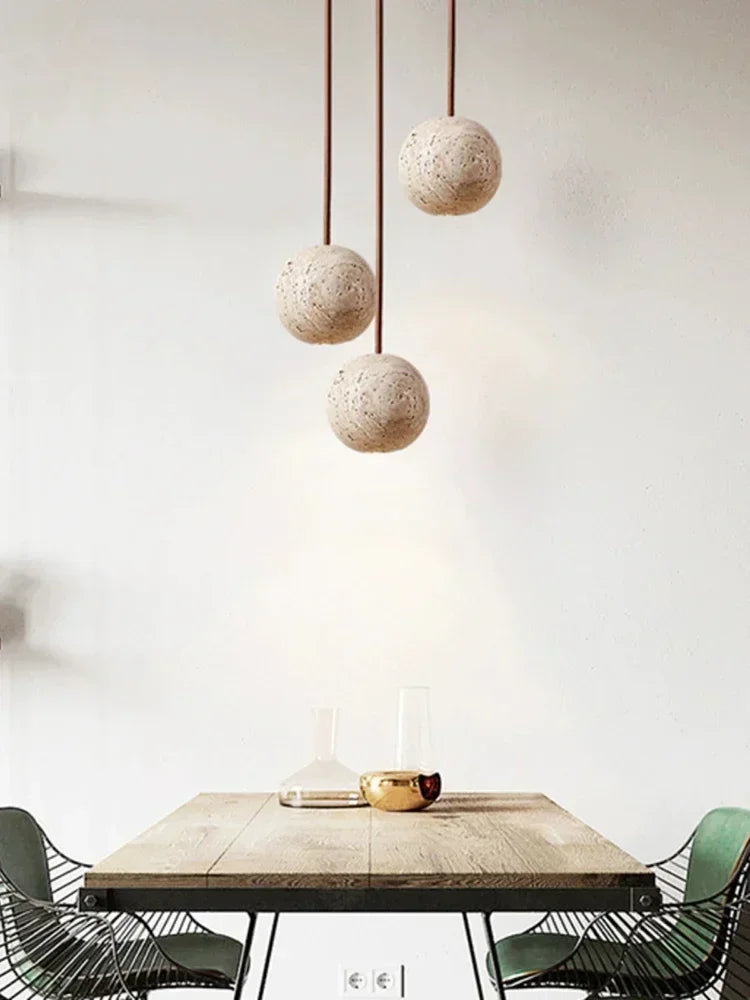 Pendant Lamp Stone Yellow Travertine Chandelier Bedside Small Round Light  Bedroom Creative Hanging Line Lighting