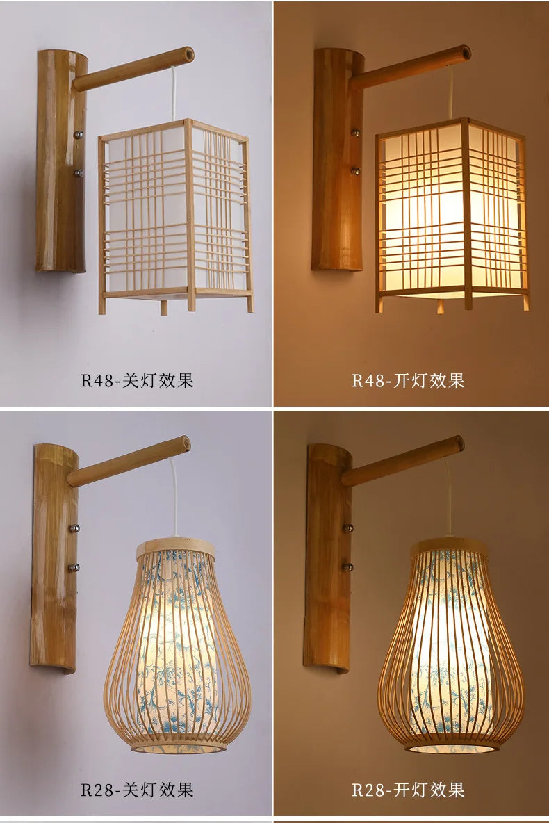 Classic Bamboo Wood Lustre Wall Sconce Lamp Rustic Ceiling Rattan Wicker Light Handmade Art Craft for Home Living Bed Room Decor