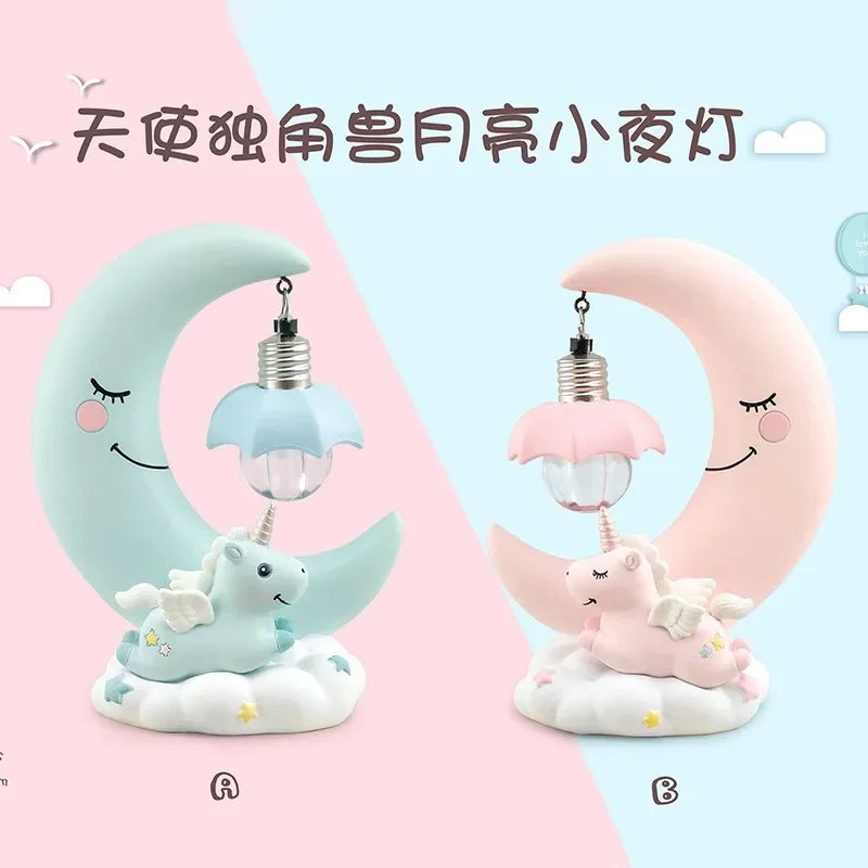 Pink unicorn girl heart angel moon nightlight, students and girls creative home desktop decorative resin ornaments gifts.