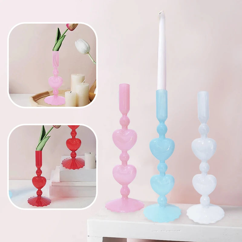 Valentine's Day Glass Vase Candlesticks Decoration Taper Candle Holders Red Heart Shape Candlesticks Home Decor Wedding Party