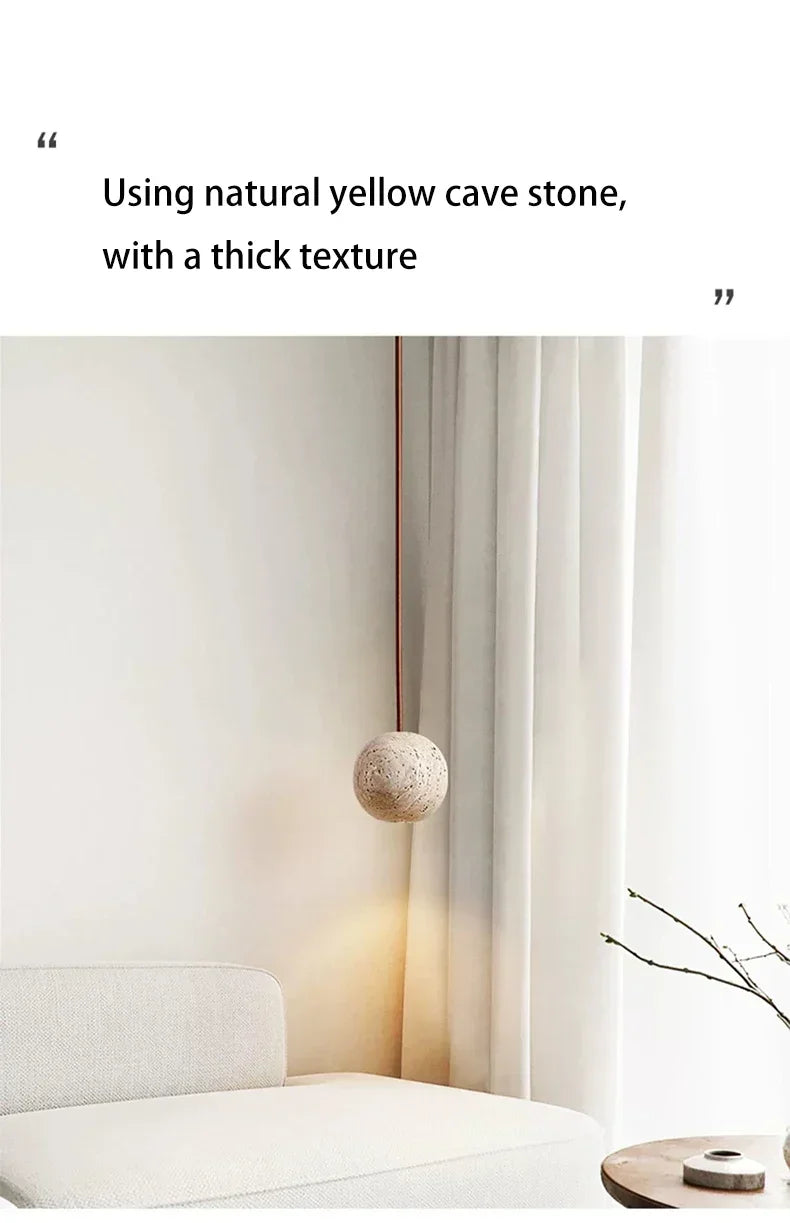 Pendant Lamp Stone Yellow Travertine Chandelier Bedside Small Round Light  Bedroom Creative Hanging Line Lighting