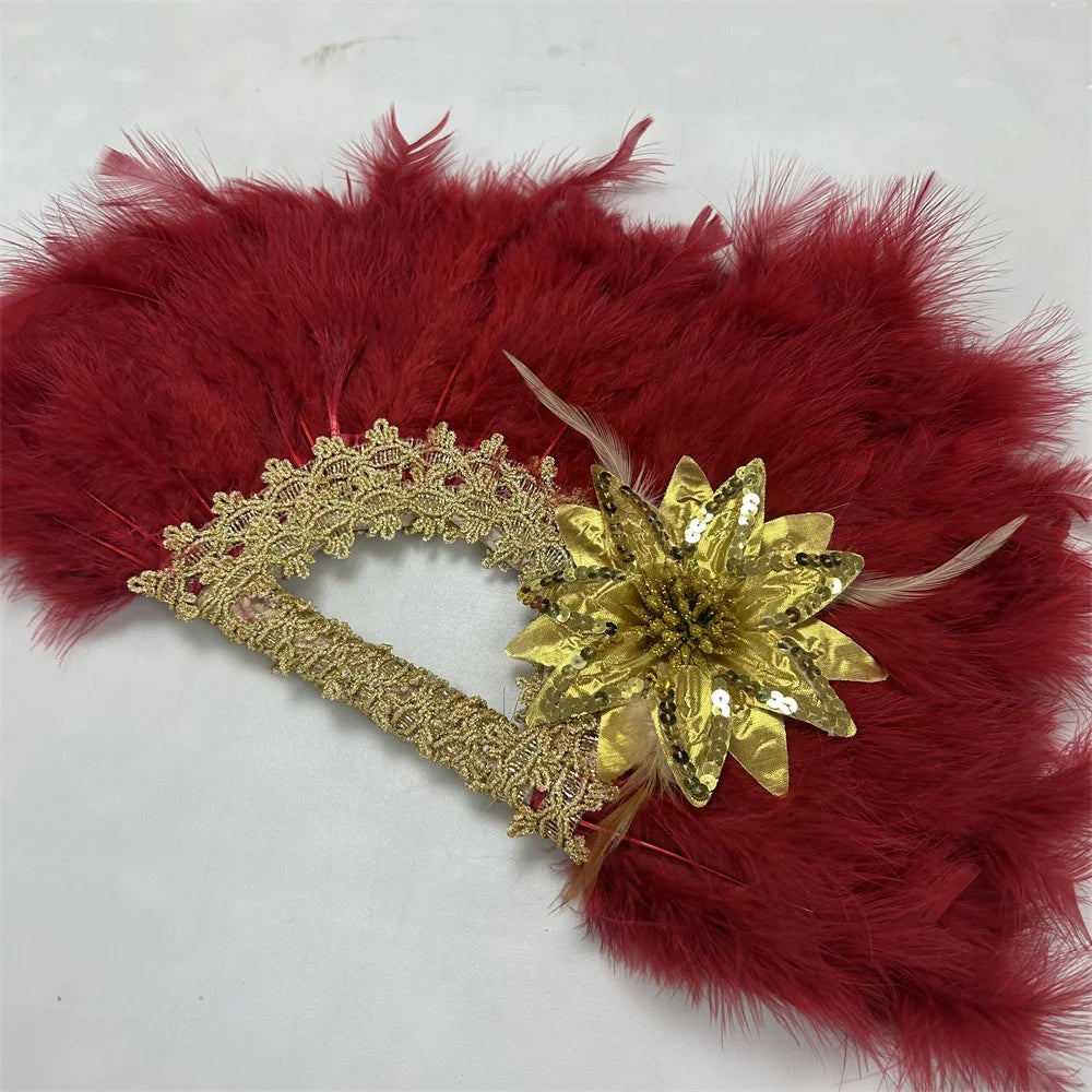1pcs African Turkey Feather Hand Fan Handmade Fans for Dance Wedding Decoration Hand Fan with Flower Feather Hand Held Fan