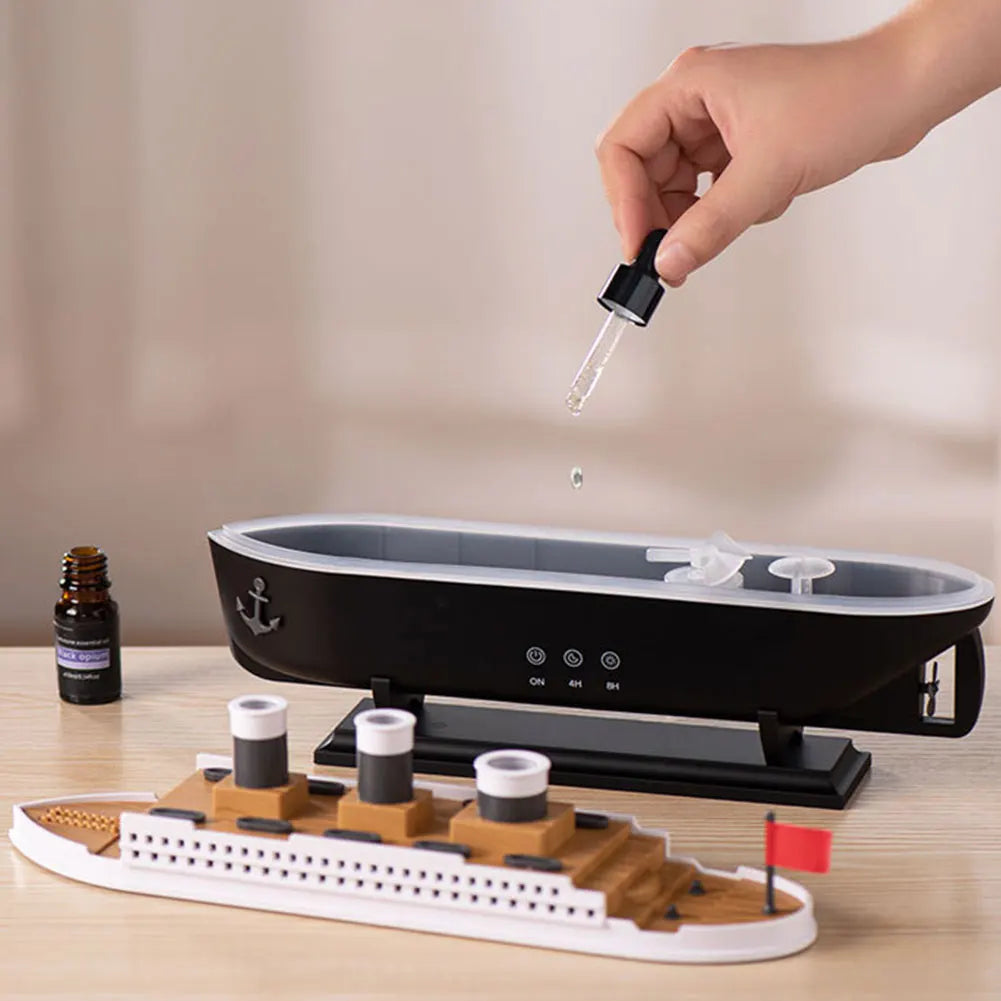 Creative Ocean Liner Air Humidifier Waterless Auto-Off Aroma Essential Oil Diffuser with LED Light Remote Control for Home