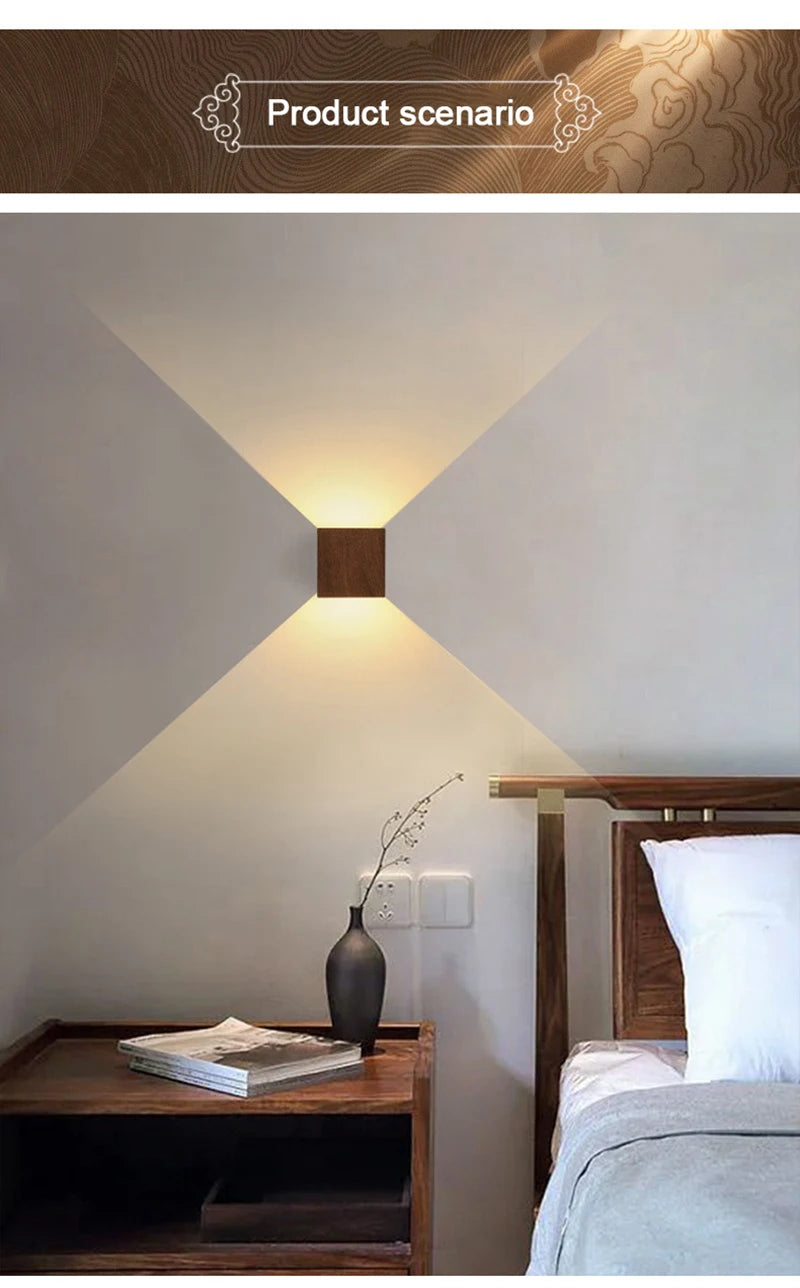 Nordic Wood Wall Lamp LED Original Wooden Walnut Square Room Decor Wall Sconce Bedroom Living Rooms Study Staircase Light Lustre