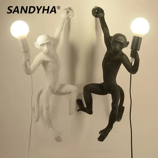 SANDYHA Vintage LED Monkey Chandelier Nordic Retro Hemp Rope Resin Pendant Light Bedroom Study Home Decor Wall Table Lamp
