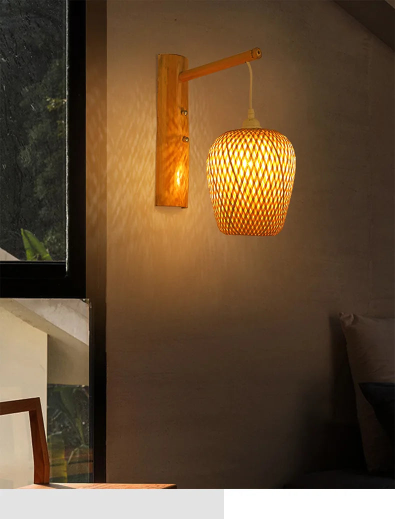 Classic Bamboo Wood Lustre Wall Sconce Lamp Rustic Ceiling Rattan Wicker Light Handmade Art Craft for Home Living Bed Room Decor