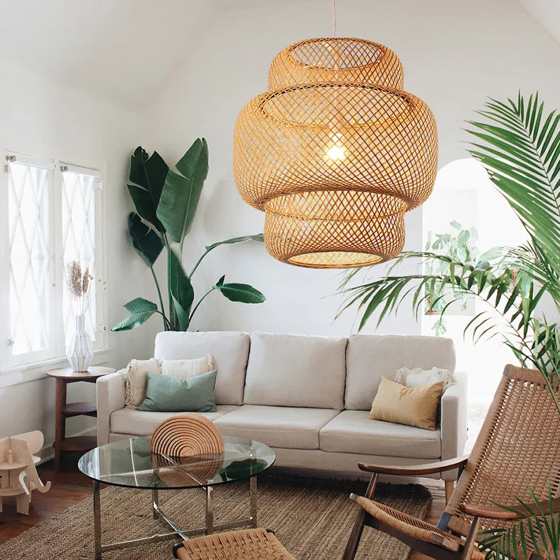 Bamboo Pendant Lamp E27 Hand Knitted Chinese Style Weaving Hanging Lamps Restaurant Chandeliers Home Decor AC85-260V
