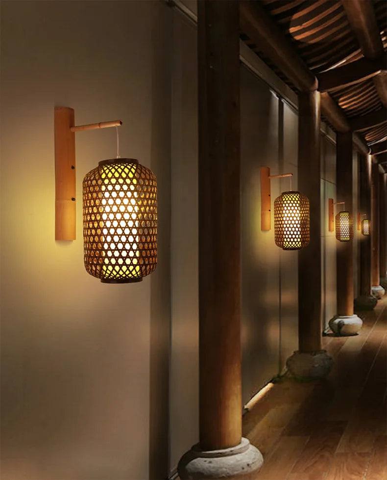 Classic Bamboo Wood Lustre Wall Sconce Lamp Rustic Ceiling Rattan Wicker Light Handmade Art Craft for Home Living Bed Room Decor