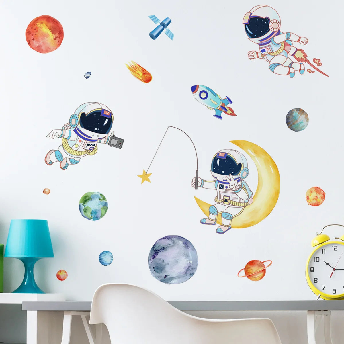 Cartoon planet Astronaut Wall Stickers Creative Home Wall Decor Self-adhesive Kids Room Decoration Bedroom Background Wall Decor