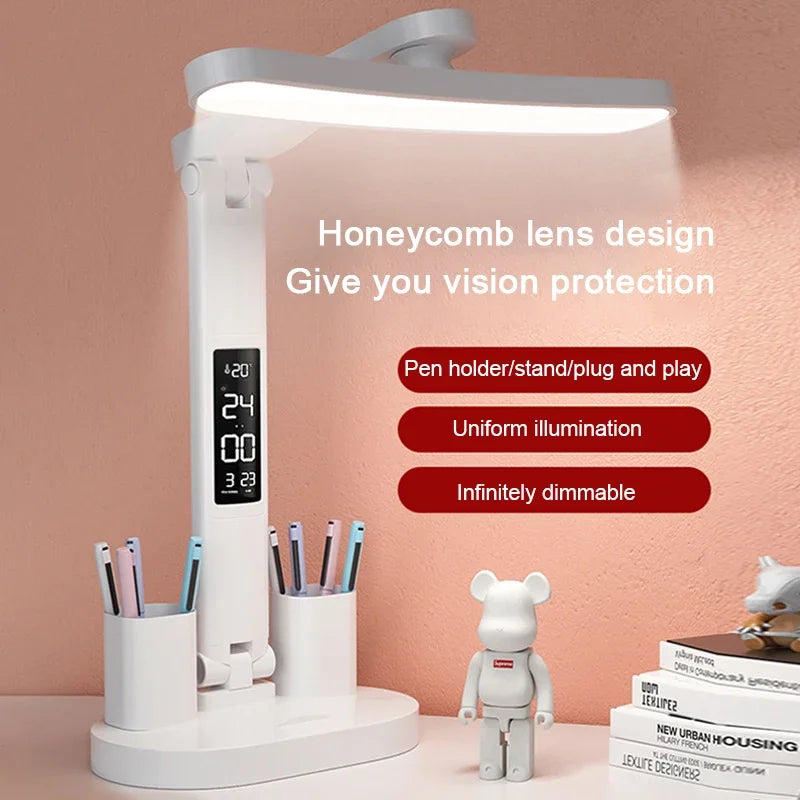 Clock LED Table Lamp USB Chargeable Dimmable Desk Lights Foldable Eye Protection Desktop Study desk  Reading  Night Light  LampS