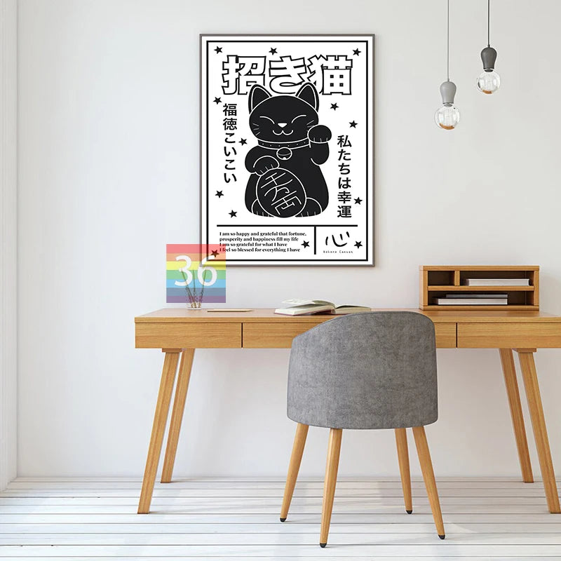 Japanese Retro Poster Lucky Cat Poster Canvas Prints Cat Lovers Gift Japanese Aesthetic Modern Japanese Wall Art Green Cat Art