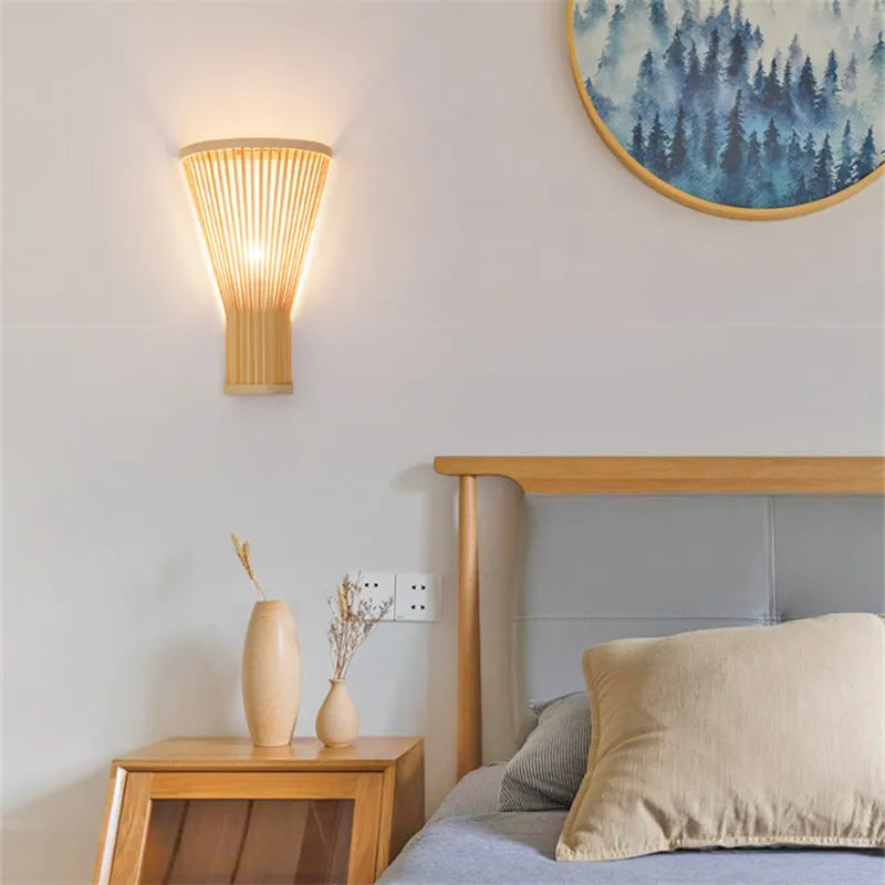 Classic Bamboo Wood Lustre Wall Sconce Lamp Rustic Ceiling Rattan Wicker Light Handmade Art Craft for Home Living Bed Room Decor