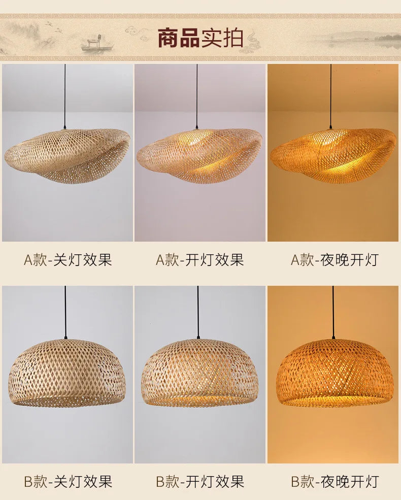 Bamboo Hand Weaving Pendant Light 38cm Hanging LED Ceiling Lamp Chandelier Fixture Rattan Hand Craft Woven Home Bedroom Decor