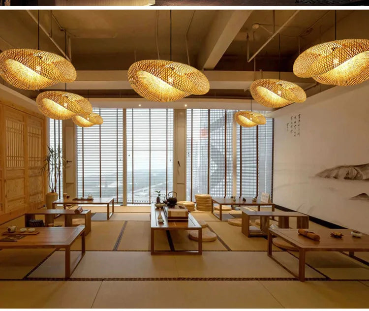 Bamboo Hand Weaving Pendant Light 38cm Hanging LED Ceiling Lamp Chandelier Fixture Rattan Hand Craft Woven Home Bedroom Decor