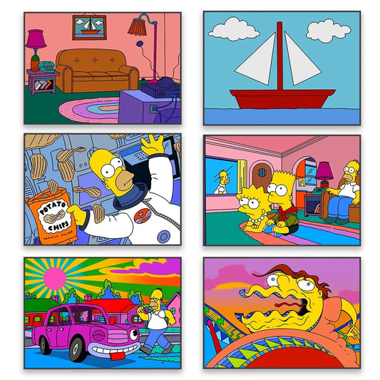 Simpsons Living Room Canvas Painting Movie Retro Funky Car Prints Simpsons Boat Landscape Poster Home Kids Bedroom Decor