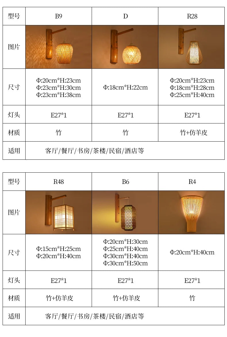 Classic Bamboo Wood Lustre Wall Sconce Lamp Rustic Ceiling Rattan Wicker Light Handmade Art Craft for Home Living Bed Room Decor