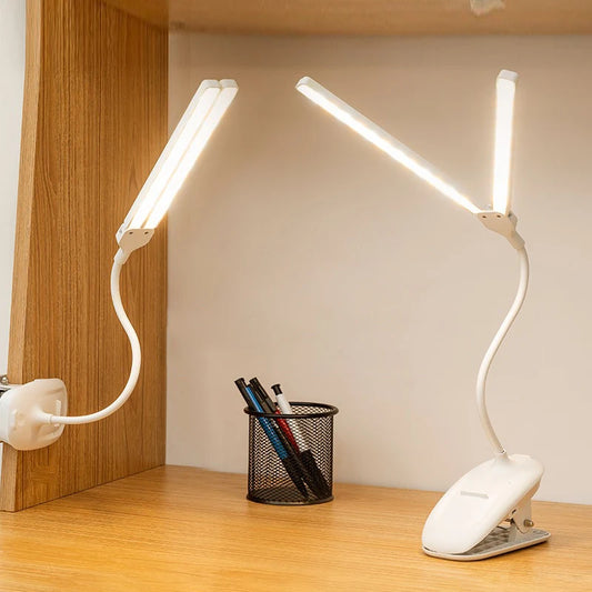 LED Double-headed Reading Table Lamp with Clip Touch Control Dimmable Light Eye Protection Mobile Phone Holder   Led Desk  Lamps