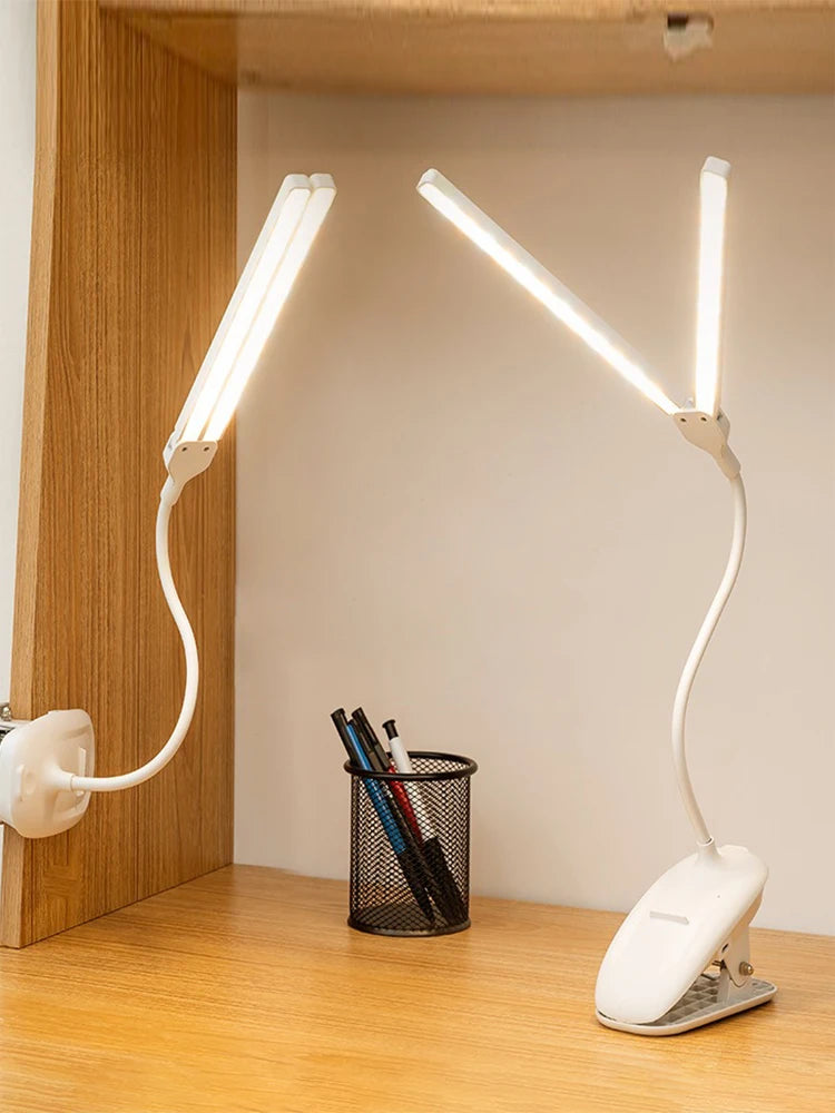 LED Double-headed Reading Table Lamp with Clip Touch Control Dimmable Light Eye Protection Mobile Phone Holder   Led Desk  Lamps