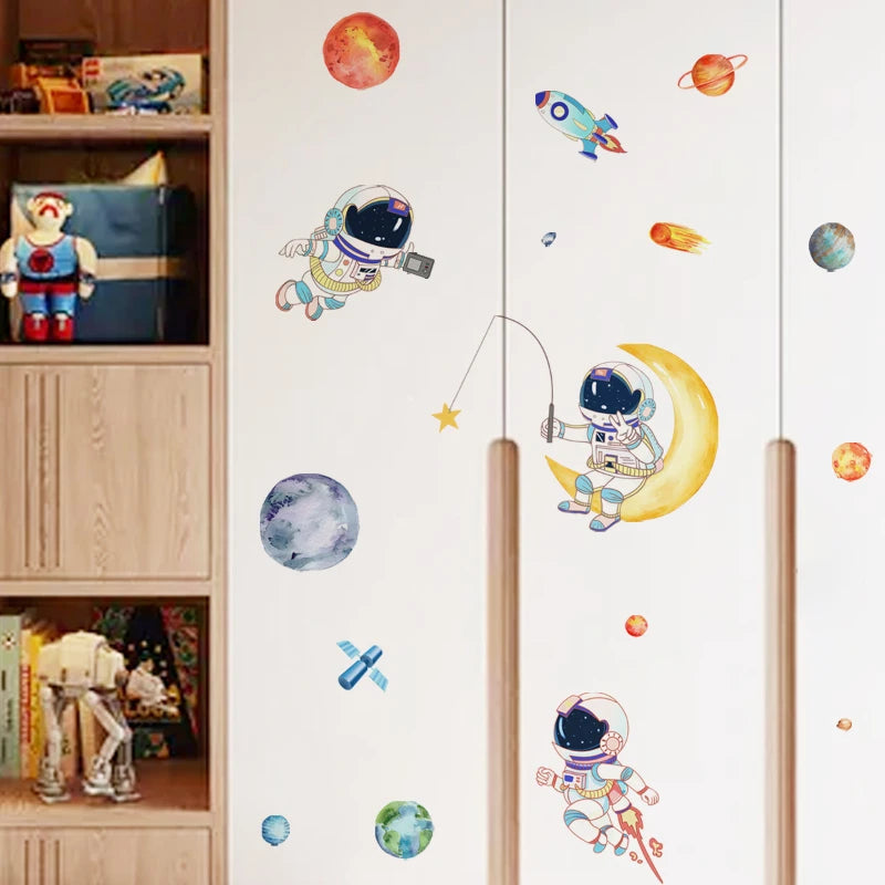 Cartoon planet Astronaut Wall Stickers Creative Home Wall Decor Self-adhesive Kids Room Decoration Bedroom Background Wall Decor