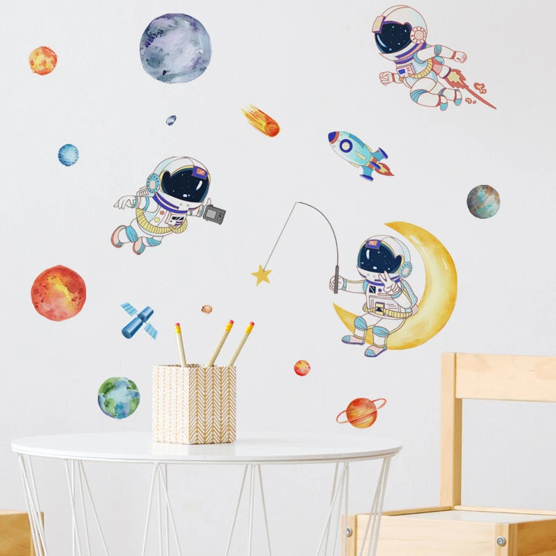 Cartoon planet Astronaut Wall Stickers Creative Home Wall Decor Self-adhesive Kids Room Decoration Bedroom Background Wall Decor