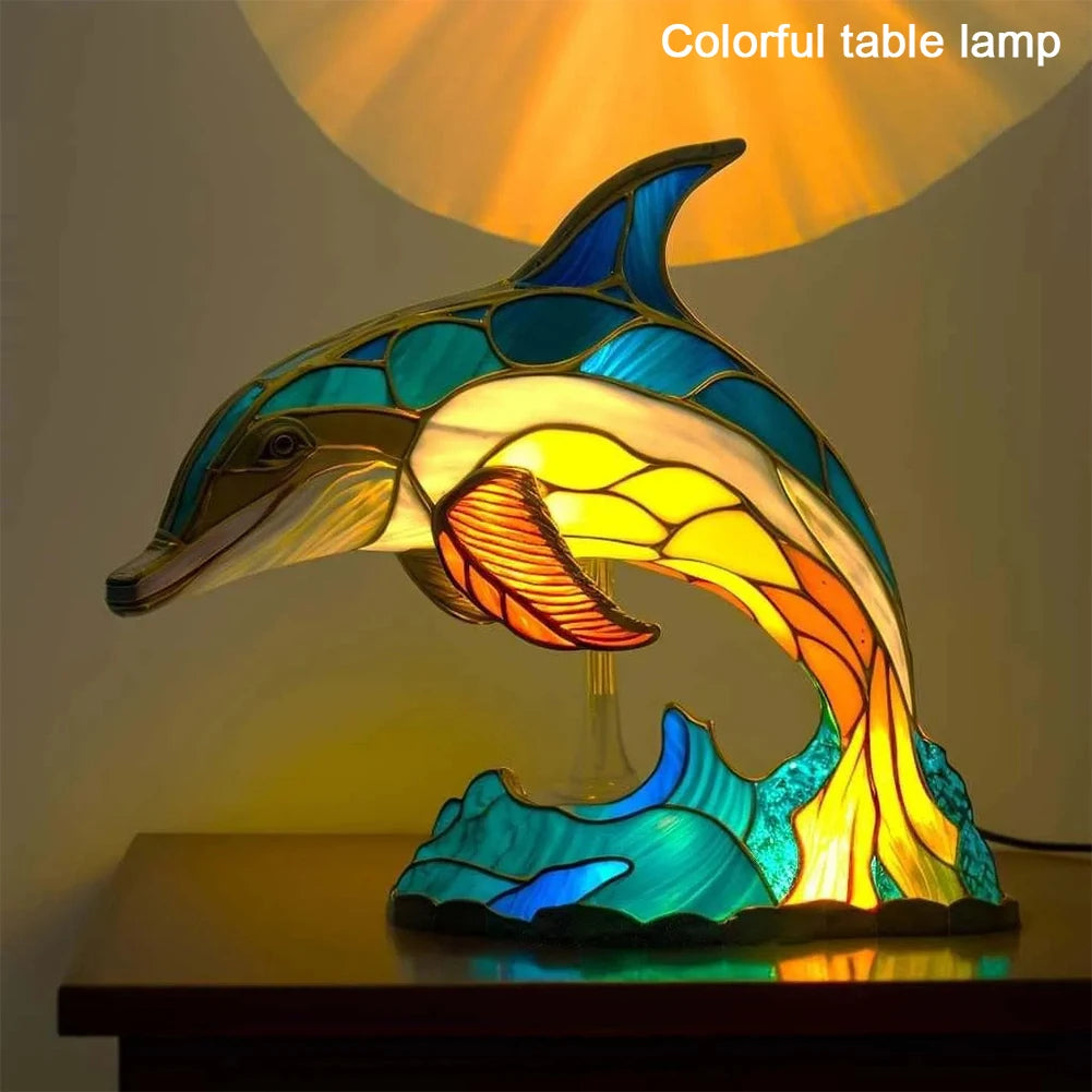 Animal Table Lamp Series Lion Dolphin Wolf Stained Glass Bedside Light Owl Horse Rooster Elephant for Living Room Bedroom Office