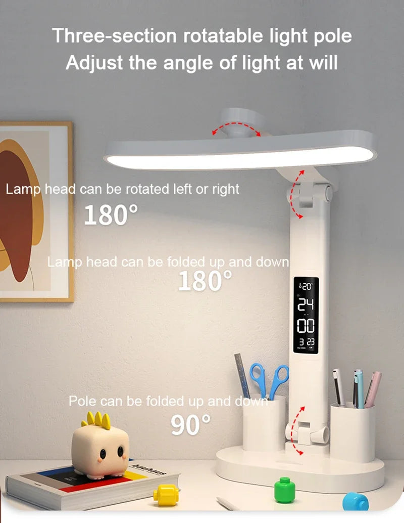 Clock LED Table Lamp USB Chargeable Dimmable Desk Lights Foldable Eye Protection Desktop Study desk  Reading  Night Light  LampS
