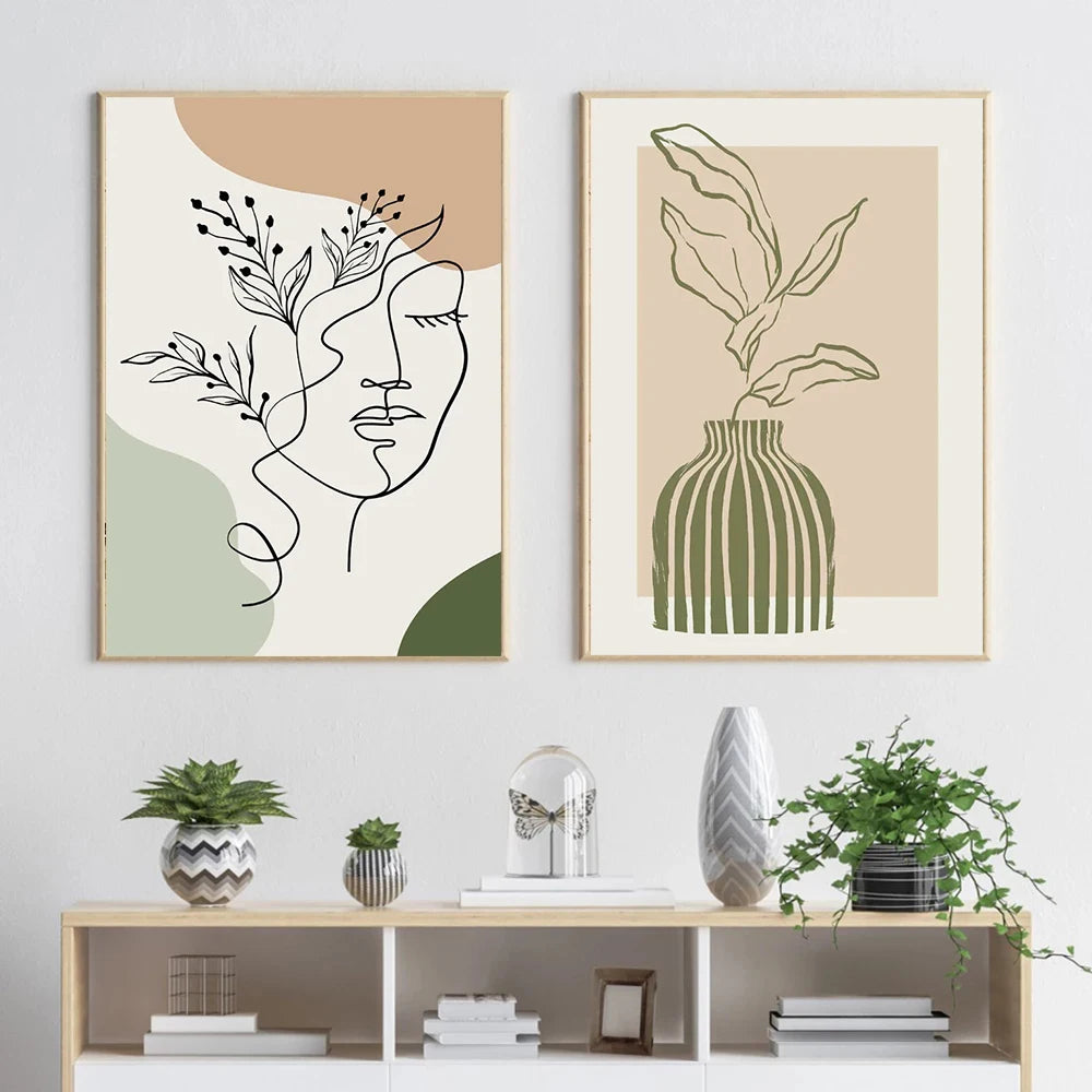 Boho Sage Green Plants Posters  Abstract Artwork Geometric Wall Art Canvas Painting Nordic Art Poster Living Room Home Decor
