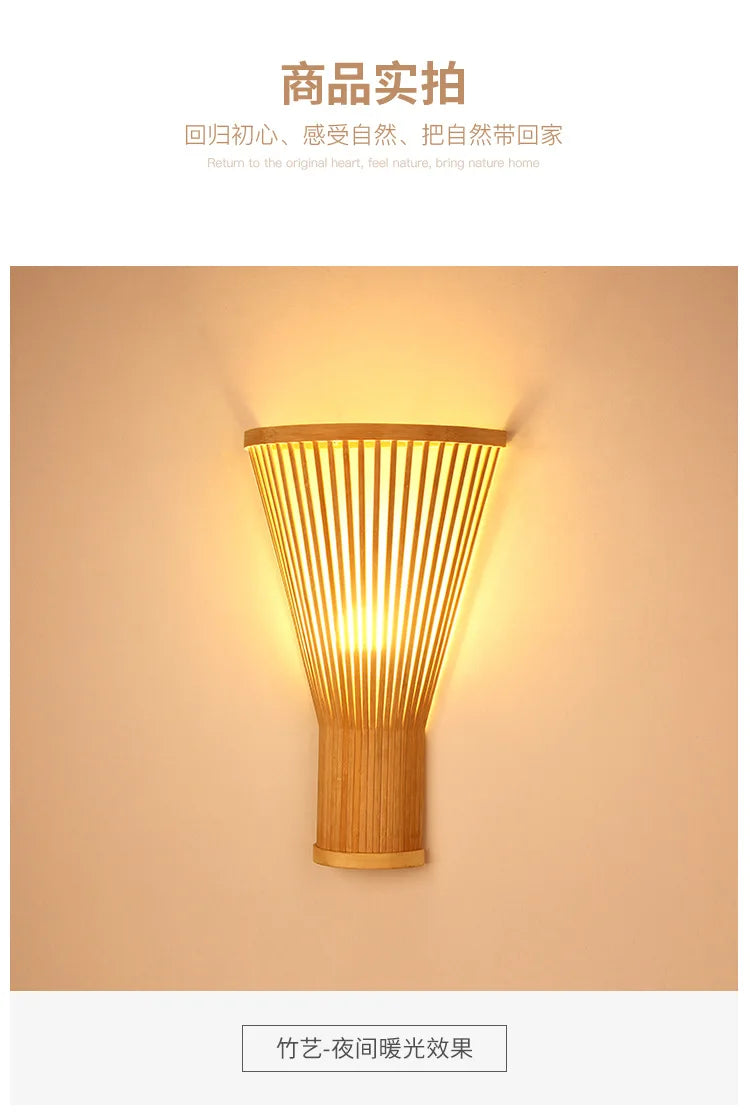 Classic Bamboo Wood Lustre Wall Sconce Lamp Rustic Ceiling Rattan Wicker Light Handmade Art Craft for Home Living Bed Room Decor