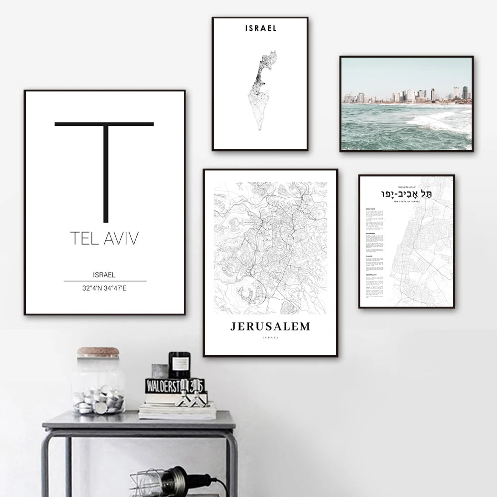 Tel Aviv Map Print Israel City Street Road Map Poster Black White Minimalist Wall Pictures Nordic Style Canvas Painting Decor