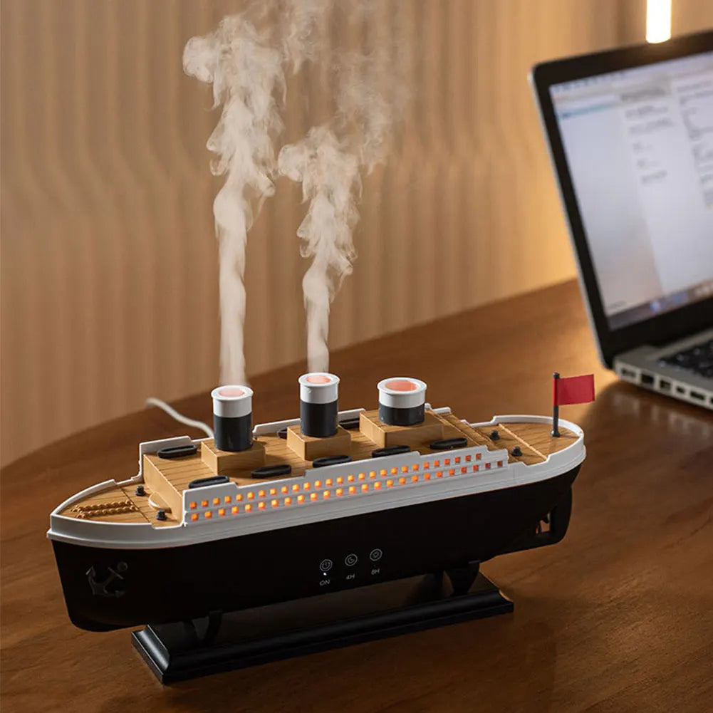 Creative Ocean Liner Air Humidifier Waterless Auto-Off Aroma Essential Oil Diffuser with LED Light Remote Control for Home
