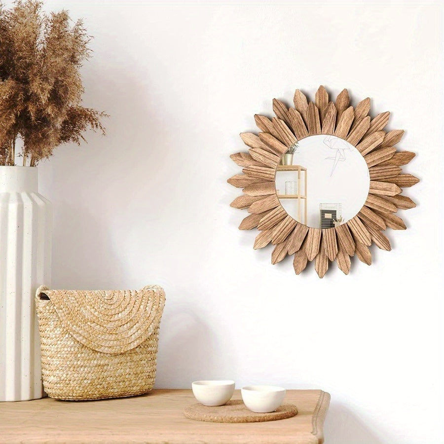12inch Rustic Wooden Farmhouse Decorative Mirror Wall Mounted Vanity Mirror