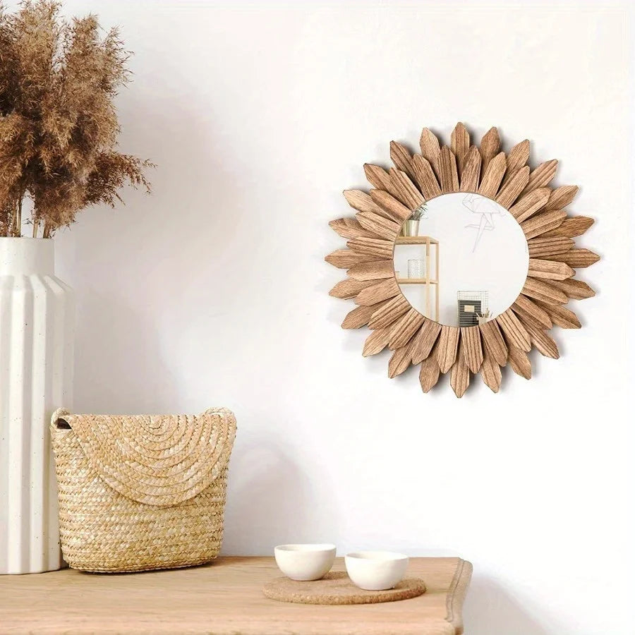 12inch Rustic Wooden Farmhouse Decorative Mirror Wall Mounted Vanity Mirror