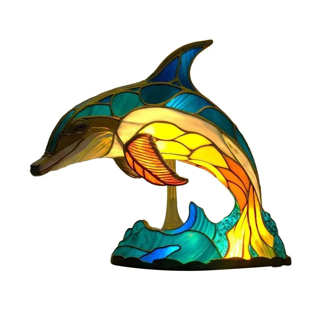 Animal Table Lamp Series Lion Dolphin Wolf Stained Glass Bedside Light Owl Horse Rooster Elephant for Living Room Bedroom Office