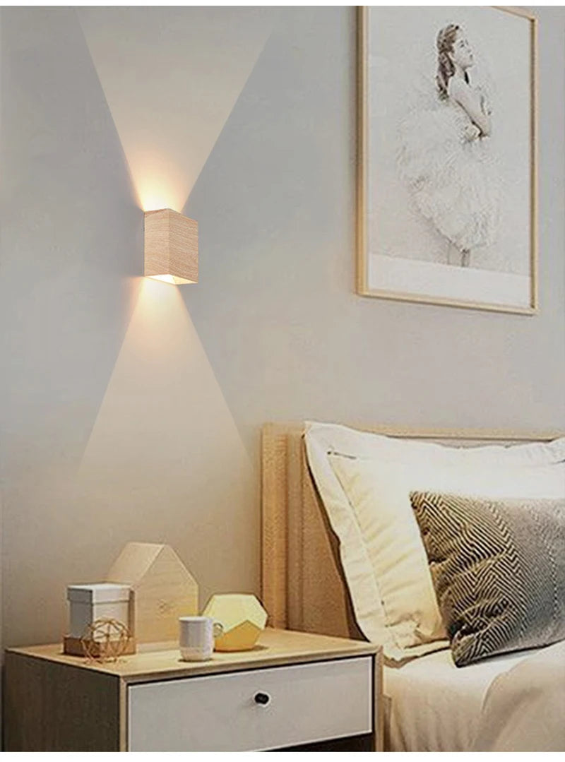 Nordic Wood Wall Lamp LED Original Wooden Walnut Square Room Decor Wall Sconce Bedroom Living Rooms Study Staircase Light Lustre